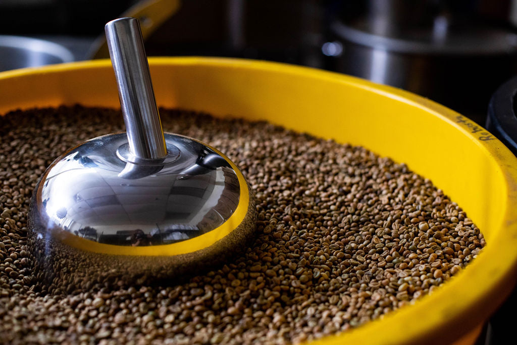 Fresh coffee beans in a Five Lakes roaster